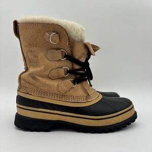 SOREL Caribou Tan Leather Black Rubber Insulated Winter Snow Boots Womens 8